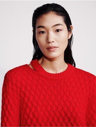 Calvin Klein Womens Merino Wool Cable Knit Relaxed Crewneck Sweater - Red - XS