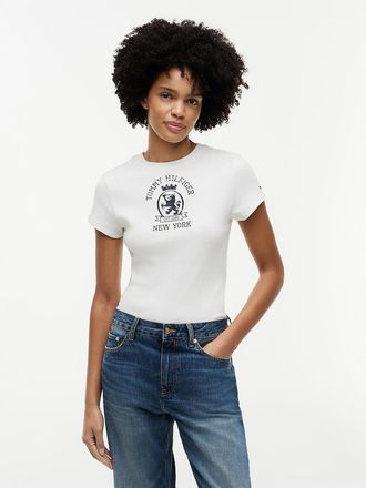 Tommy Hilfiger Womens Slim Fit Garment-Dyed Crest Logo T-Shirt - White - XL
