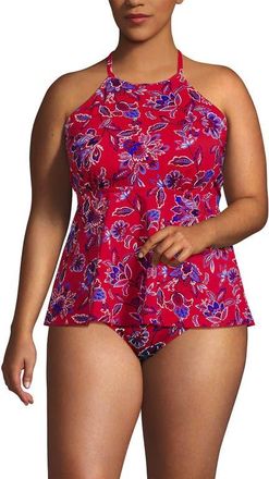 Lands End Plus Size Flutter High Neck Halter Tankini Top in Strawberry Vintage Floral at Nordstrom, Size 2X