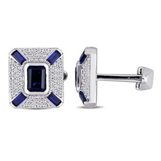 Amour 5 1/4 CT TGW Created Blue Sapphire Created White Sapphire Geometric Cufflinks In Sterling Silver