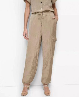 DKNY Tie-Waist High-Rise Crinkled Jogger Cargo Pants In Taupe