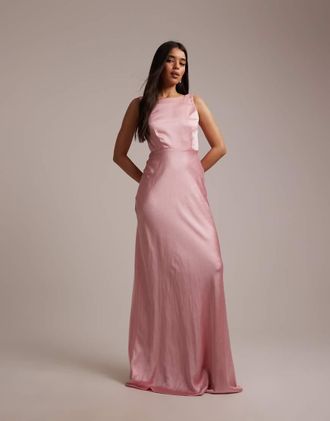Six Stories Vestito lungo da cerimonia in raso rosa senza maniche con scollo ad anello sul retro