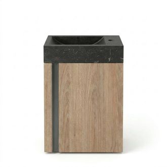 Saniclass Chaci Toiletmeubelset - 40x65cm - 1 deur - 1 kraangat - rechts - fontein natuursteen donker - eiken