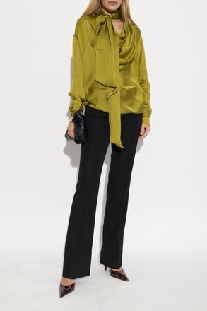Balmain Silk Shirt With Decorative Tie, Womens, Green