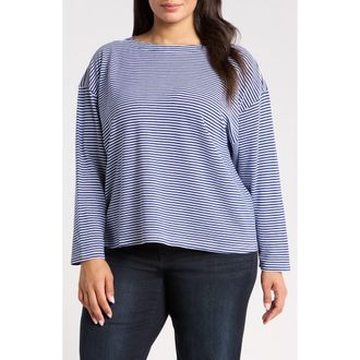 Eileen Fisher Striped Bateau Neck Boxy Organic Cotton Top in Infinity at Nordstrom, Size 3X