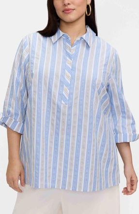 Foxcroft Therese Stripe Button Back Cotton Seersucker Popover Shirt in Blue Multi at Nordstrom, Size 1 X