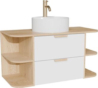 Vente-Unique Mobile Bagno Sospeso Con Nicchie, Lavabo Da Appoggio Rotondo E Rubinetto Bianco E Naturale Chiaro L100 Cm - Avoreli
