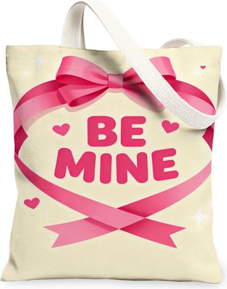 Generic ValentineS Day Heart Canvas Tote Bags, Cute Bow Design Reusable Grocery Bags, Lightweight Washable Shoulder Strap Canvas F, Cream, 13x15 Inch
