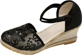 Generic Women Wedge Sandals Sequin Mesh Sandals Closed Toe Wide Sandal Solid Color Slingback Buckle Sandal Casual Walking Shoes Breathable Waterproof Shoes Co