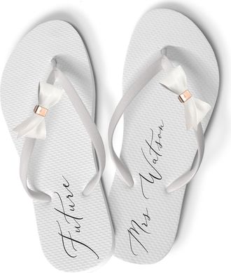Generic Personalised Wedding Flip Flops, UV-Printed Custom Design with Bow or Flower Detail, Bridal Party Slippers (Elegant Bow, UK Footwear Size System, Adul
