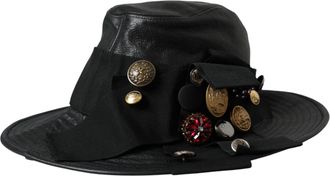 Dolce & Gabbana Womens Black Leather Dg Coin Crystal Wide Brim Hat Bull Cotton Acetate