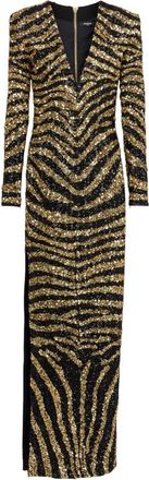 Balmain Lange geborduurde zebrarobe - Dames - Avondkleed - Geel - XS - Pailletten - Kleedjes