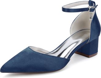 Generic Bridal Bridesmaid Wedding Shoes Womens Pointed Toe Ankle Strap Heels Block Heel Prom Party Dress Rhinestone Low Heels 4.5Cm,Dark Blue,10 UK