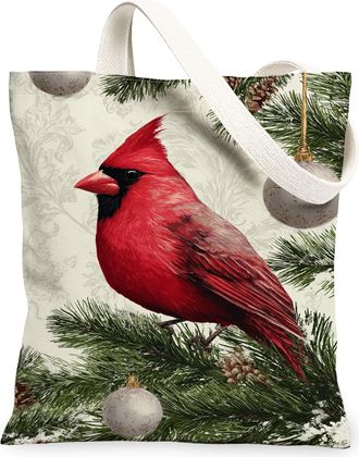 Generic Christmas Cardinal Canvas Tote Bags, Nature Bird Design Reusable Grocery Bags, Winter Rustic Vintage Washable Shoulder Stra, Red, 13x15 Inch