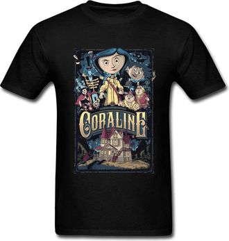 PRING T-Shirt Coraline & The Secret Door Men T Shirts Coraline Secret Door Mens Tshirt Horror Fantasy Animation Movie Tops Tees Custom Black S