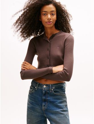 Tommy Hilfiger Womens Tommy Jeans Cropped Rib Knit Cardigan - Brown - XXS