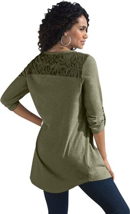 Roaman's Textured Lace Trimmed Tunic in Dark Olive Green at Nordstrom, Size Medium