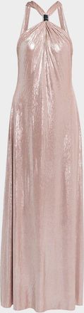 Halston Heritage Sofie Draped Metallic Jersey Halter Gown