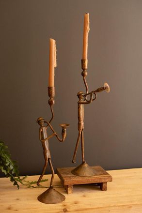 Kalalou Set Of Two Forged Iron Trumpet And Saxaphone Taper Candle Holders
