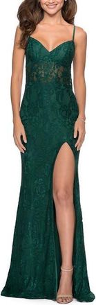 La Femme Lace Prom Gown With Sheer Bodice and Tie Up Back in Emerald at Nordstrom, Size 10