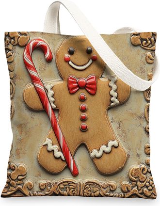 Generic Christmas Gingerbread man Canvas Tote Bag for Shopping 13x15, 3D Fun Xmas Reusable Grocery Print Pattern Bag for Women, Holiday New Year Beach Aesthet
