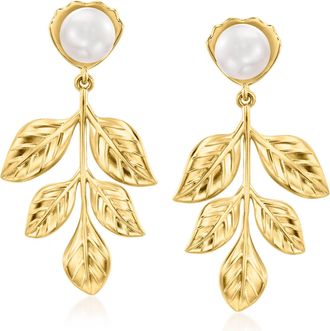 Ross-Simons 7-7.5mm Cultured Pearl Leaf Drop Earrings in 18kt Gold Over Sterling