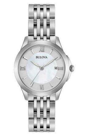 Bulova Mother of Pearl Dial Bracelet Watch, 28mm in Silver at Nordstrom Rack
