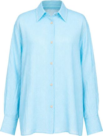 Forte_Forte Turquoise Pinstripe Linen-Blend Embroidered Shirt