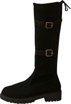 Generic Womens Knee High Boots Suede Low Heel Boot Buckle Long Booties Black Chunky Heel Boots Ladies Pull On Boot with Strap Round Toe Shoes Stretch Calf Boo