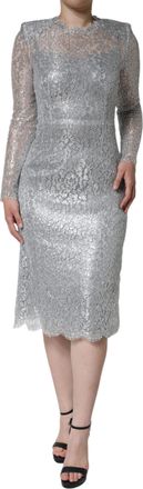 Dolce & Gabbana Silver Floral Lace Bodycon Sheath Midi Womens Dress