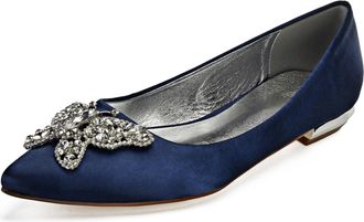 Generic Womens Wedding Flats Satin Bridal Pointed Toe Bridesmaids Shoes Prom Party Dress Flat 2Cm,Dark Blue,10 UK