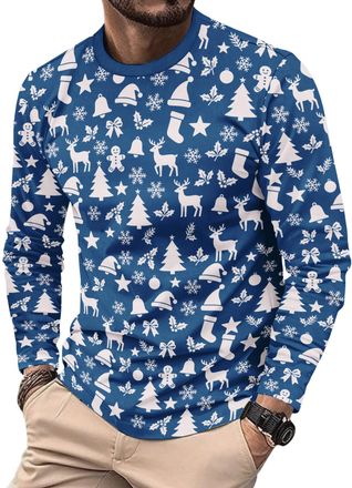 Generic Mens Christmas Long Sleeve T-Shirts Funny Xmas Holiday Printed Tops Vacation Christmas Shirt Crewneck Tees (UK, Alpha, XXL, Regular, Regular, 8)