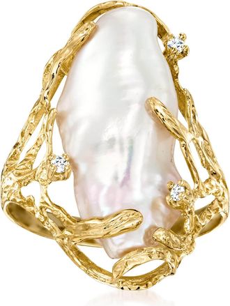 Ross-Simons 10x24mm Cultured Baroque Pearl Ring With Diamond Accents in 14kt Yellow Gold