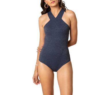 Shoshanna Shine Texture High Neck One Piece In Navy/gold