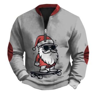 Generic 3D Printed Christmas Jumper Christmas Hoodies 2024 Mens Casual Fashion Loose 3D Santa Print Zipper Long Sleeve Sweatshirt Christmas Hoodie Men (Grey, 
