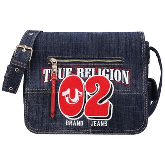 True Religion Varsity Logo Zip Pocket Denim Messenger Bag - Dark Denim Crossbody Bag