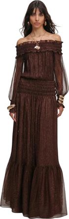 Self Portrait Georgette Off-Shoulder Maxi Jurk - Dames - Avondkleed - Bruin - 2XS - Polyester - Kleedjes