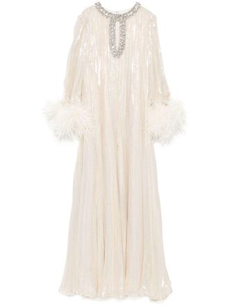 Self Portrait metallic feather maxi dress - women - Silk - 16 - Gold