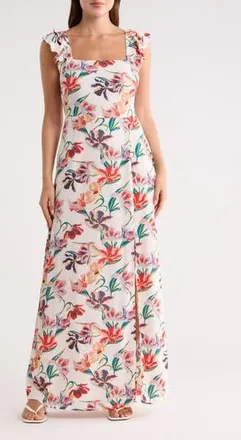 Lovestitch Flutter Sleeve Maxi Dress in Ivory/Red at Nordstrom Rack, Size X-Small