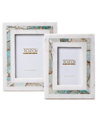 Two's Company Amazonite Inlay Set Of 2 White Marble Photo Frames