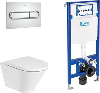 Roca Roca Pack The Gap 54 Round+duplo Inodoro Suspendido Rimless Fijaciones Ocultas Pulsador Cromo - Asiento: Caida Amortiguada - Ref: A3460nl000+a801d12+a
