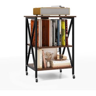 Costway Supporto per giradischi in vinile con spina, tavolino laterale con ruote Con stazione di ricarica, 2 prese, 2 USB, 1 Type-C, tavolino da divano
