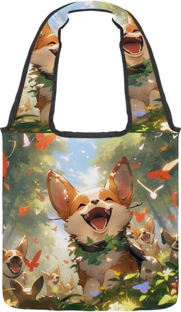 Generic Cute corgi Puppy Reversible Canvas Shoulder Tote - Double-Sided Print, 12oz Cotton, 27cm Drop, Fold-Flat Bag for Travel, Shopping, Street Outings
