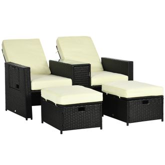 OUTSUNNY Recliner Rattan Sun Lounger w/ Storage Tea Table & Footstools - Balck | TJ Hughes