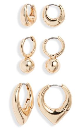 Open Edit Set of 3 Geometric Huggie Hoop Earrings in Gold at Nordstrom