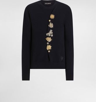Dolce & Gabbana Wool Round-neck Sweater With Bejeweled Buttons - Man Sweaters And Cardigans Blue 46