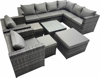 Fimous Fimous Outdoor PE Rattan Garden Furniture Sofa Set with Square Coffee Table 3 Stools 2 Chair Dark Grey