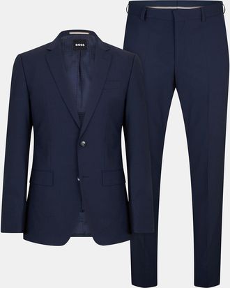 HUGO BOSS Mens Solid Patterned Notch Collared Suit Jacket with Flap and Chest Pocket in Open Blue - Size 3XL