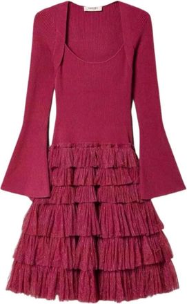 Twinset Geribbelde Stretch Jurk met Gelaagde Tule Rok - Dames - Korte kleedjes - Paars - S - Tule - Kleedjes
