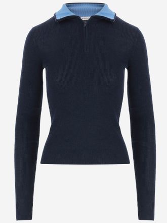 Frankie Shop Merino Wool and Silk Ribbed Sweater - Navy